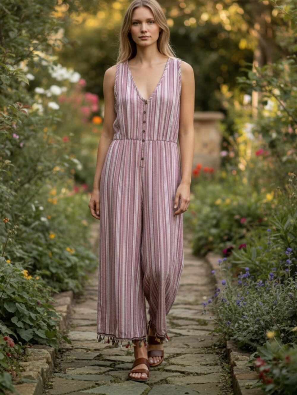 100% Cotton Akua By Jaase Striped Sleeveless V-Neck Jumpsuit in Mauve Pink